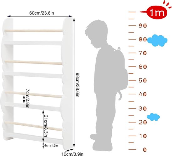 Support mural de livres pour enfants Woltu 98x60x14,5 cm Vert ou blanc avec aspect chêne - Support de rangement Montessori pour chambre d'enfant