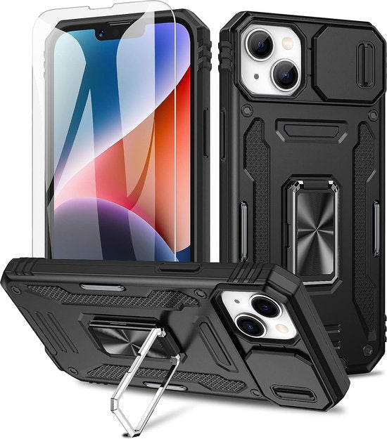 Podec Case suitable for iPhone 14 Black Phone Case - Anti-Shock Case Cover Hybrid Armor Case with Kickstand Ring with Screen Protector