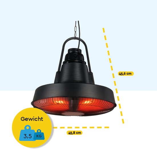 BRASQ Retro Chauffe-terrasse électrique suspendu - 3 niveaux de chaleur - avec télécommande - IP24 - étanche - intérieur et extérieur - 2000 W