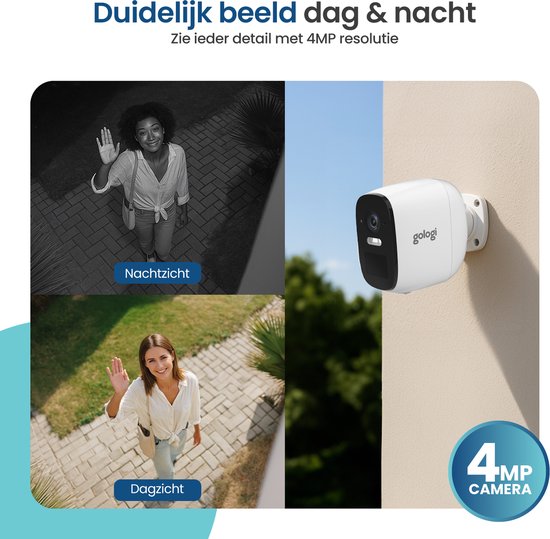 Gologi Caméra de sécurité sans fil pour l'extérieur et l'intérieur - Caméra de surveillance avec batterie 5200 mAh - USB-C rechargeable - Vision nocturne - Détection de mouvement - Montage magnétique - Caméra HD 4MP WiFi avec App - Caméra de sécurité - Bl