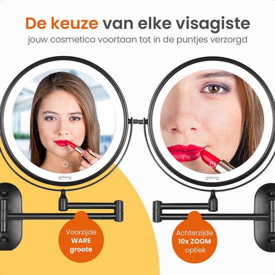 Goliving Miroir de maquillage avec éclairage - Ø25 cm - grossissement 10x - miroir de maquillage graduable - miroir de rasage - éclairage LED - rechargeable par USB-C - double face - 27 x 27 cm - noir