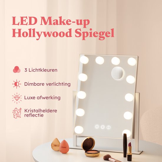 Fraay® Hollywood Mirror with Lighting 41x30cm - 3 Light Stages - Make-up Mirror with 10x Magnification Mirror - LED Lighting Dimmable - Incl. Beauty Blenders and Powder puff