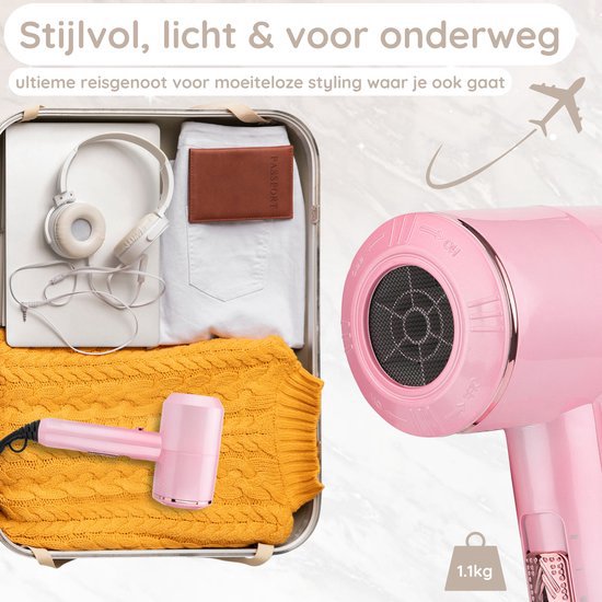 Sansbeauté® Hair Dryer with Diffuser - Ionic Hair Dryer - Brush - Travel Hair Dryer - 3 Attachments - Curls - Coolshot - 3 Stages - Hair Dryer with Diffuser - Hair Dryer - 2000W - Pink