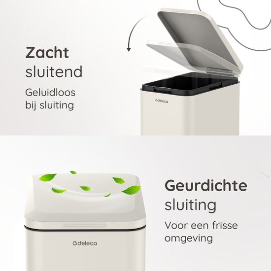 Deleca Poubelle Prestige - 50 Litres - Etroite - Acier inoxydable Poubelle / Corbeille à papier / Poubelle à pédale - Avec pédale et fermeture lente - Blanc crème