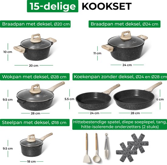 Just Perfecto 15 Piece Induction Cookware Set - Black Cookware Set With Lid For Gas and Induction - PFAS free - Cold grips