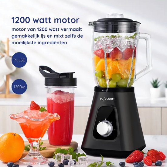 Safecourt Kitchen Blender - Blender puissant de 1200 watts avec gobelet To-Go - 3 supports - Noir