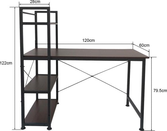 Bureau table informatique Robuste - 3 étagères de rangement - industriel vintage marron - métal bois