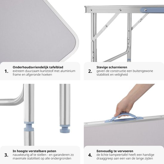tectake® - Table de camping pliante - Table de camping portable - Table pliante d'extérieur - Table pliante - Résiste aux intempéries - 75x55x68cm - Gris