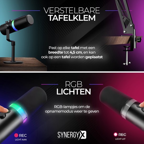 SynergyX SonicFlex Pro ll Microphone - Microphone de jeu USB avec bras XC7 - PC Gaming - Convient pour PC/PS4/PS5 - RGB - Podcast - Gaming - Streaming - Noir