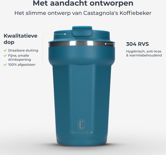 Castagnola Thermos Cup - Coffee Mug To Go - Travel Mug for Coffee and Tea - Tea Mug - 380 ML - Stainless Steel - Blue - Octagon