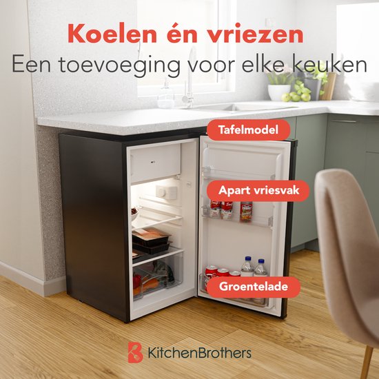KitchenBrothers Réfrigérateur - 88L Compartiment réfrigérant - 14L Compartiment congélateur - Glacière - Frigo - Freestanding - Noir