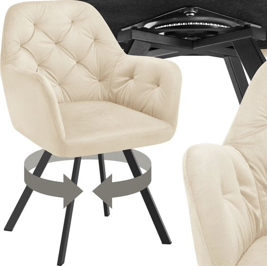 tectake® - Chaise pivotante aspect velours - Chaise de salle à manger avec accoudoirs - Assise et dossier ergonomiques - Pivotant à 180 degrés - Chaise moderne avec pieds en acier - Diverses couleurs - Crème