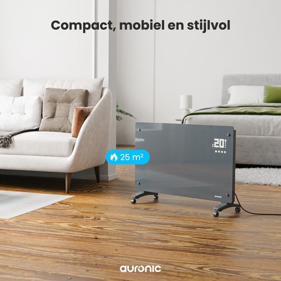 Auronic Electric Heater - Convector Heater with Thermostat and Remote Control - Glass Panel Heater - 2000W Heater - Grey