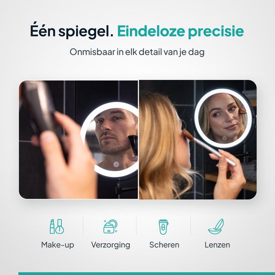 Mirlux Miroir de maquillage avec éclairage Led - rechargeable - grossissement 5X - miroir grossissant avec lumière - miroir de rasage - miroir de salle de bain - noir