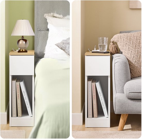 SoBuy Table de nuit mince avec station de charge, table d'appoint étroite avec prise standard, port USB et port Type-C pour chambre et salon, L20 x P35 x H60 cm, blanc, FBT111-E-WN