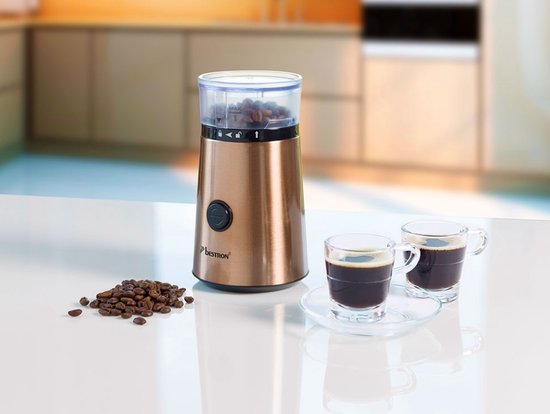 Bestron ACG1000CO Moulin à café électrique - 150W - Couteaux en acier inoxydable - Capacité de 50g - Couleur cuivre - Pour grains de café et épices - Garantie 5 ans