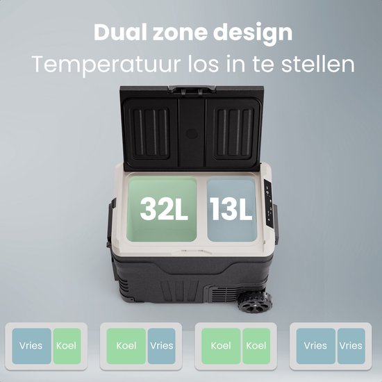 Auronic Electric Cool Box - Compresseur - 2 Zones - 45L - 12/24V et 240V - Réfrigération et congélation - Réfrigérateur de camping - Frigobox Auto - Avec roues et poignée - Noir