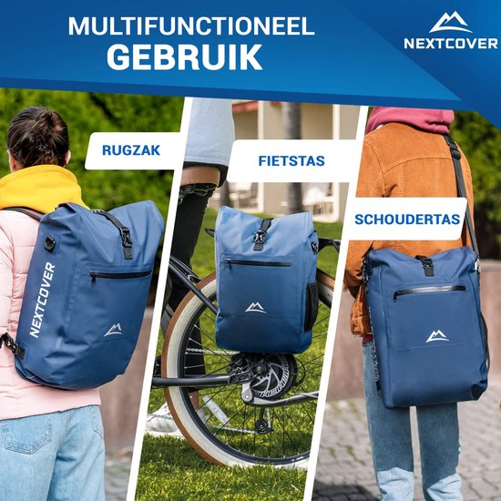 NEXTCOVER® NEW 3-in-1 bike bag for carrier [Aquashield] - Reflective luggage bag bag waterproof - backpack and shoulder bag [25 litres]- Blue