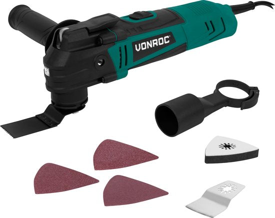 VONROC Multitool oscillant 350W - Vitesse variable 12,000 - 22,000 p/min. - Comprend un plateau de ponçage, une lame de scie, une lame de raclage et un adaptateur pour aspirateur.