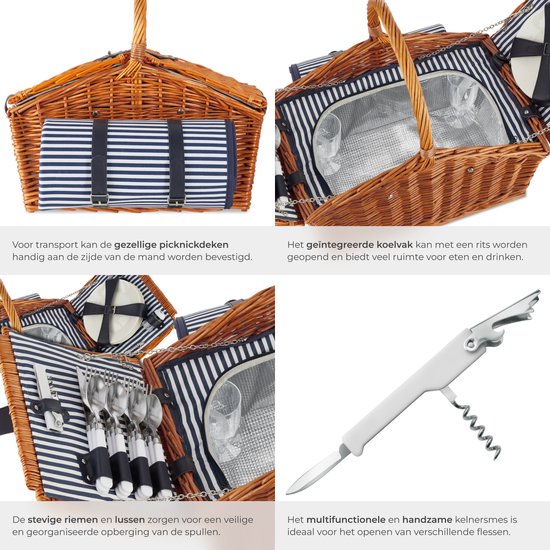 tectake® Set complet de paniers de pique-nique Vlieland - Set de luxe de 23 pièces pour 4 personnes - Panier de pique-nique en osier avec tapis de pique-nique - Comprend une glacière, des assiettes, des verres à vin en plastique et des couverts en acier i