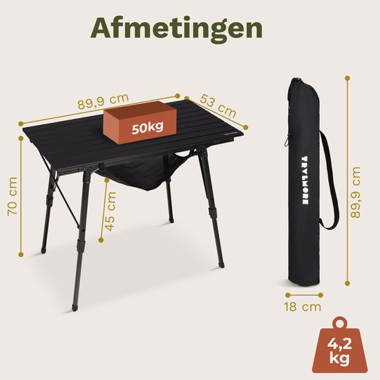 TRVLMORE Table de camping réglable - 90x52x71cm - Table pliante avec structure en aluminium - Légère - Table de camping - Table pliante - Noire