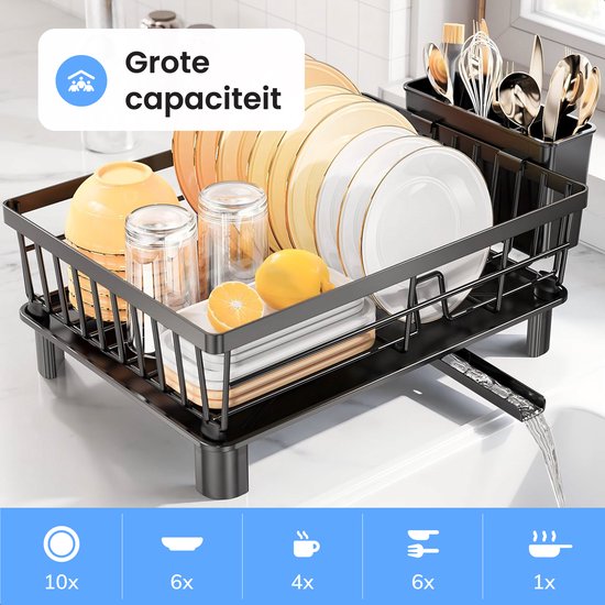 Luft Egouttoir avec plateau d'égouttage - Egouttoir à vaisselle - Egouttoir à vaisselle - Noir - Tapis d'égouttage - Idéal pour la cuisine et le camping - acier inoxydable