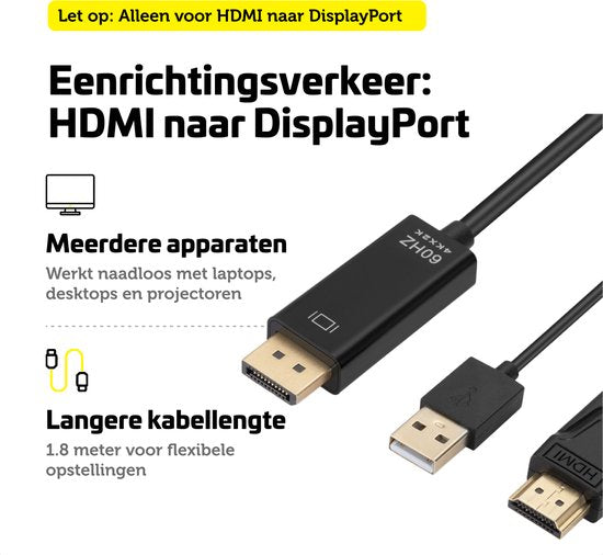 Garpex® Câble HDMI vers DisplayPort - 4K Ultra HD 60Hz - 1,8 mètre
