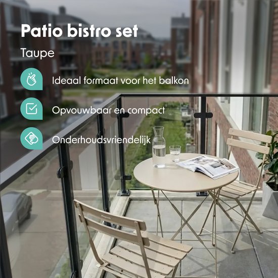 LifeGoods Set Bistro - Acier - 3 pièces - Set de jardin - Pliant - Set de balcon avec table - Résistant aux intempéries - Taupe