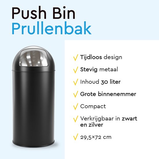 BRASQ Push Bin Trash Noir Poubelle avec poubelle amovible 30 litres - Poubelle - Poubelles