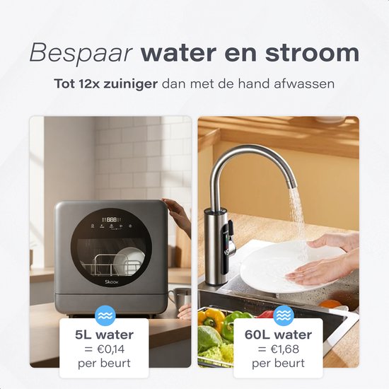 Skoov Mini lave-vaisselle avec réservoir d'eau - 5 couverts - 6 programmes de lavage - 45cm - Petit lave-vaisselle étroit à poser - Camping - Gris