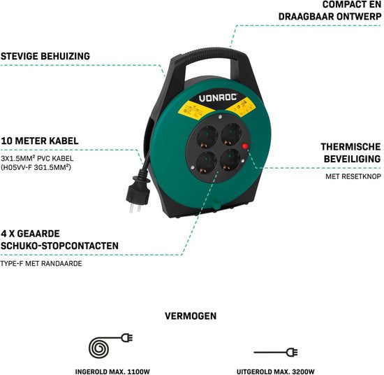 VONROC Enrouleur de câble 10m - IP20 - Câble PVC H05VV-F 3G1.5mm² - 4 prises Schuko mises à la terre - 3200W (déroulé)/1100W (enroulé) - Protection thermique