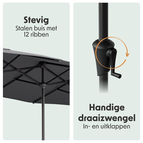 LifeGoods Parasol double - jardin - 220x400cm - jusqu'à 8 personnes - imperméable - UPF50+ - gris foncé