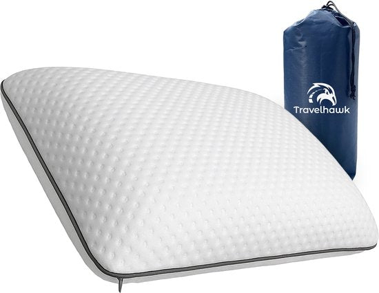 Travelhawk Oreiller de voyage - Oreiller de camping - Oreiller de cou - Mini oreiller - Mousse à mémoire de forme - Sac de rangement inclus - Compact et respirant - 55x36x11cm