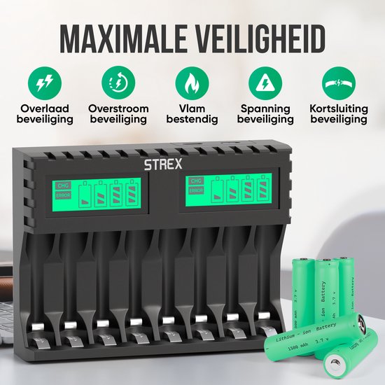 Strex Battery Charger - 8x AA/AAA Batteries - USB Rechargeable - Ecran LCD - Chargeur universel pour piles rechargeables