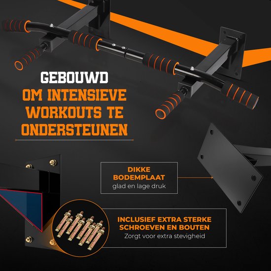 TTD® Premium Pull Up Bar - Pull Up Station - Wall Mounted Pull Up Bar - Dip Station - Dip Bars - Home Sports - Home Fitness - Premium materials - Extra Sturdy up to 250KG - Includes mounting parts - Home workout - Black/Orange