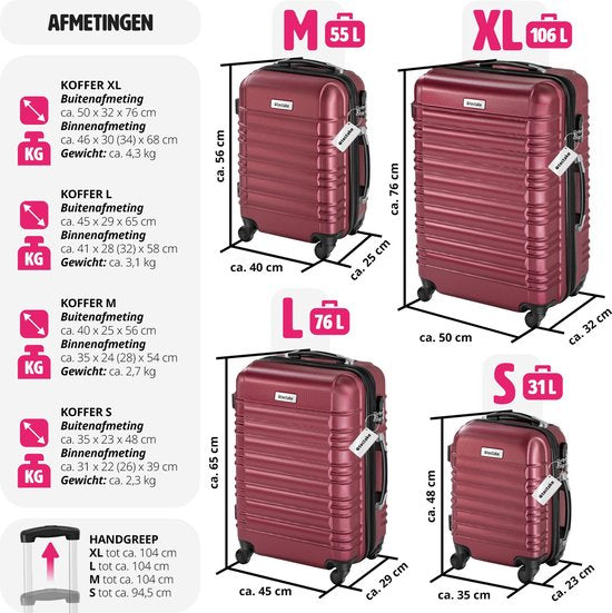 tectake® - Ensemble de valises à coque dure 4 pièces - Ensemble de valises de voyage à roulettes - ABS - Poignée télescopique et serrure - Pèse-bagages inclus - Tailles des trolleys S-M-L-XL - Rouge