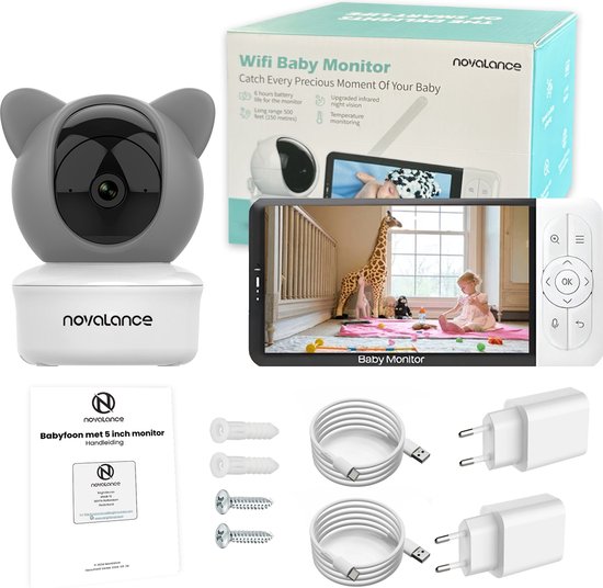 Novalance - Baby Monitor Wifi - Baby Monitor avec caméra - Baby Monitor avec écran 5 pouces - Berceuses - Détecteurs intelligents