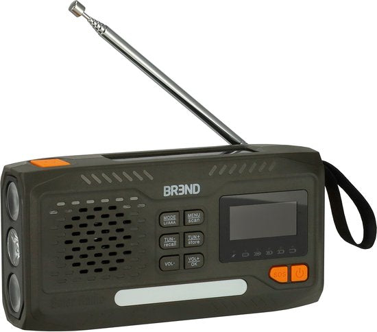 BREND BR-2244 Radio d'urgence avec DAB et FM - Haut-parleur Bluetooth - Alarme SOS - Powerbank - Torche LED - USB-C - Rechargeable avec panneau solaire et manivelle