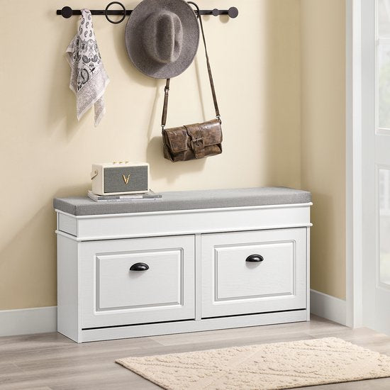 SoBuy FSR64-WG Meuble à chaussures, banc à chaussures, chaussures, entrée, 2 abattants avec coussin amovible, boîte de rangement, étagère pour entrée étroite, 104 x 24 x 51 cm, effet bois antique, blanc