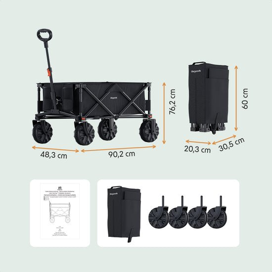 LifeGoods Wagon - Pliable - 100KG - 135L - Wagon pliable avec roues amovibles - Housse de protection - Noir