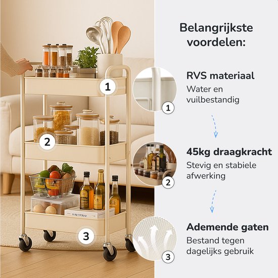 Chariot de cuisine sur roulettes - 3 étages - Étagère de cuisine - Chariot de service - Armoire - Chariot - Rangement - Armoires de douche sur pied - Étagère - Beige - Luft