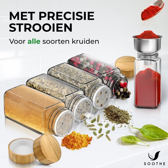 Soothe 24 pots à épices carrés en verre avec couvercle en bambou - 2 types de couvercles à saupoudrer - Spice Spreader - pots à épices - Set complet avec stickers à épices, stick à craie et accessoires - 120ml