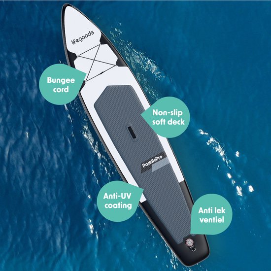 LifeGoods SUP Board Touring - Capacité de charge 165 KG - 365 x 76 cm - Gonflable - Pack Sup complet - Blanc/Noir