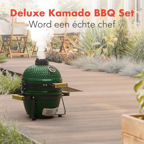 KitchenBrothers Kamado BBQ - 13 Inch Charcoal Barbecue - 27⌀ cm - sans PFAS - Deluxe Set - Egg BBQ with Accessories including Cover - Vert