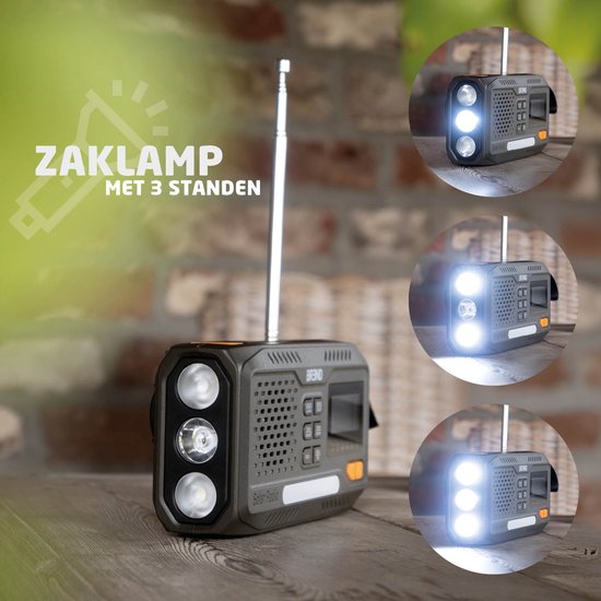 BREND BR-2244 Radio d'urgence avec DAB et FM - Haut-parleur Bluetooth - Alarme SOS - Powerbank - Torche LED - USB-C - Rechargeable avec panneau solaire et manivelle