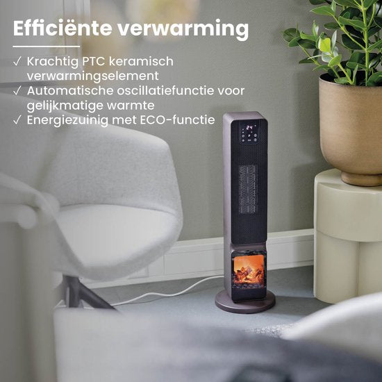 QLT Ceramic Heater with Atmosphere Fireplace - Chauffage électrique avec Wifi + App Control - Chauffage soufflant avec Swing et mode ECO - 2000W - Noir
