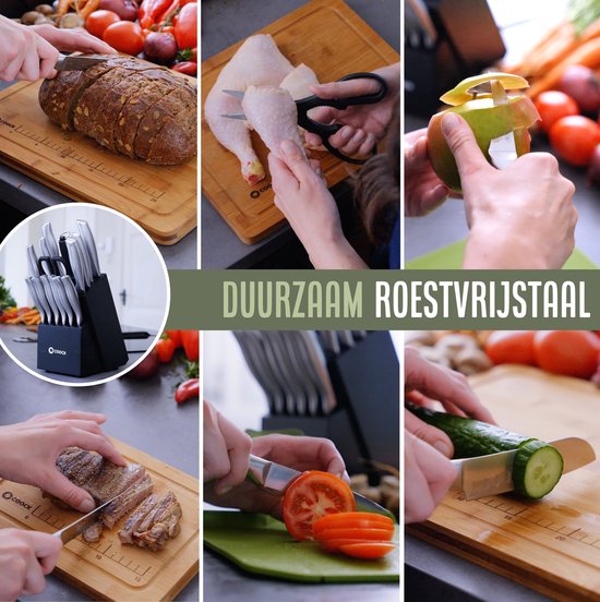 COOCK - Set de couteaux avec bloc et planche à découper pliante - Couteaux de cuisine avec ciseaux et acier d'affûtage (aiguiseur de couteaux) - Set d'ustensiles de cuisine 17 pièces dans un bloc à couteaux - Avec revêtement résistant aux rayures - Entièr