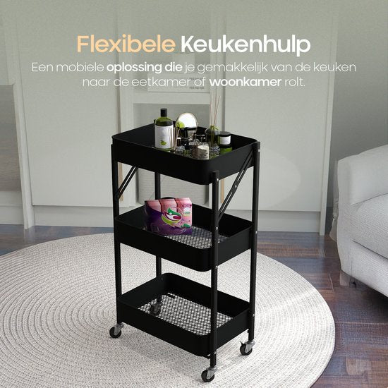 O'DADDY® Kitchen Trolley Collapsible - 3 Layers - Serviteur sur roues - Chariot de cuisine - Table roulante - Chariot de rangement - Chariot de rangement - Support de cuisine - Noir