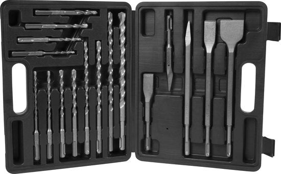 VONROC Coffret de forets et burins SDS-Plus - 17 pièces - Universel - Coffret comprenant forets, burins à pointe et burins plats