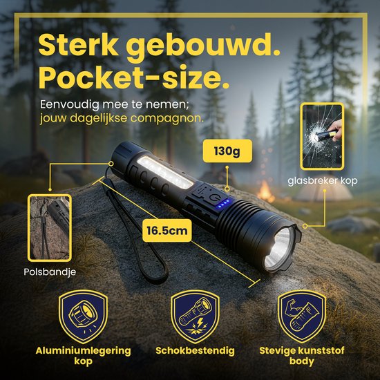 ODESSEY Lampe de poche tactique - LED rechargeable - éclairage COB - avec dragonne - Lampe de poche militaire - Lampes de poche - Enfant - Noir